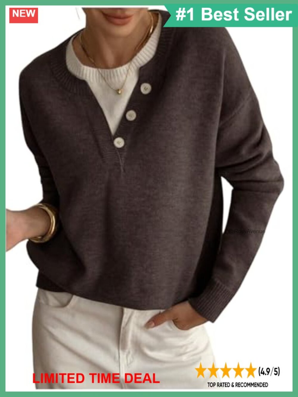 SOLY HUX Women's Oversized Henley Pullover Sweater Long Sleeve Casual Top